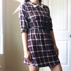 Miss Patina Crocheted Collar Plaid Dress